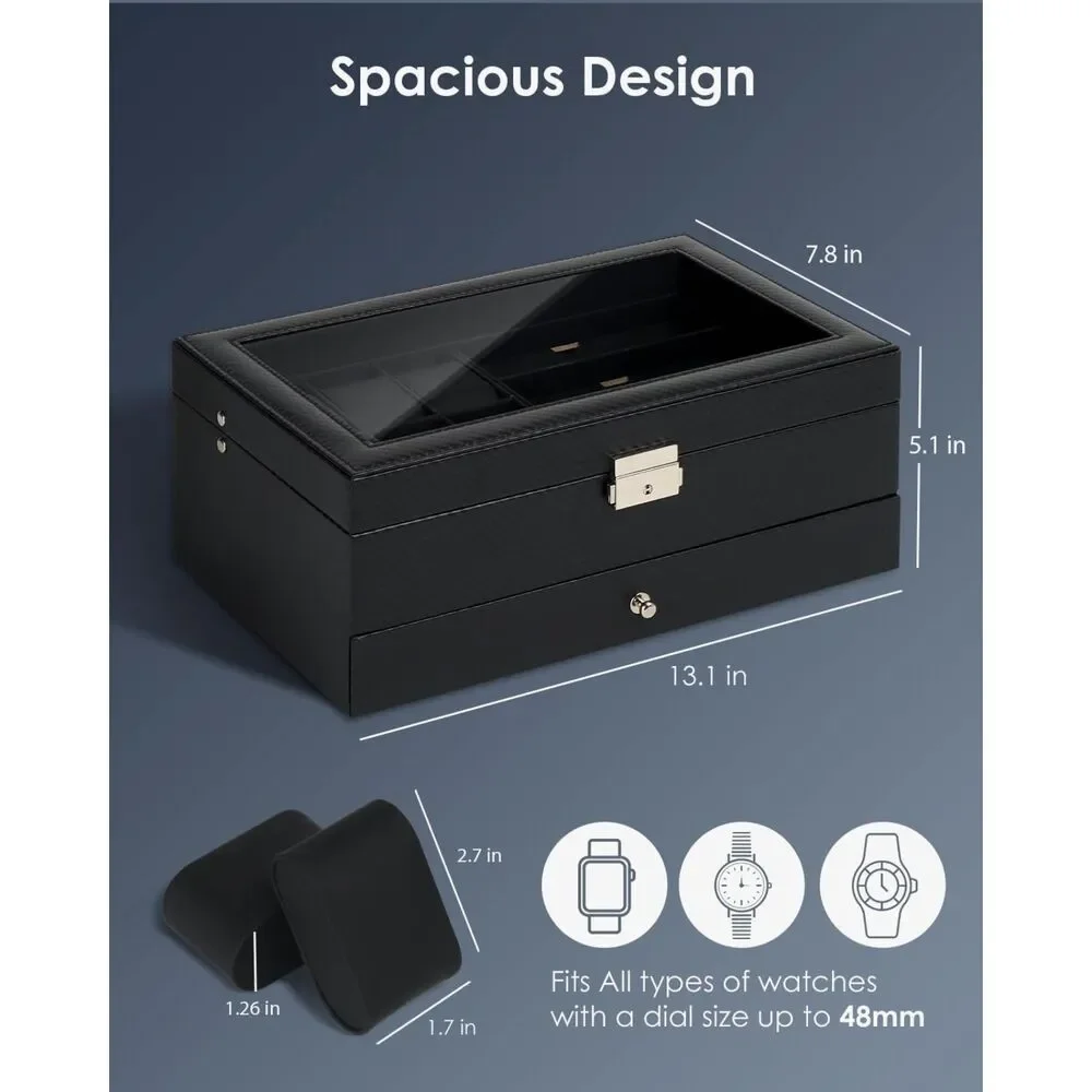 6-Watch & Jewelry Box Organizer - Carbon Fiber Style - Open Box / New
